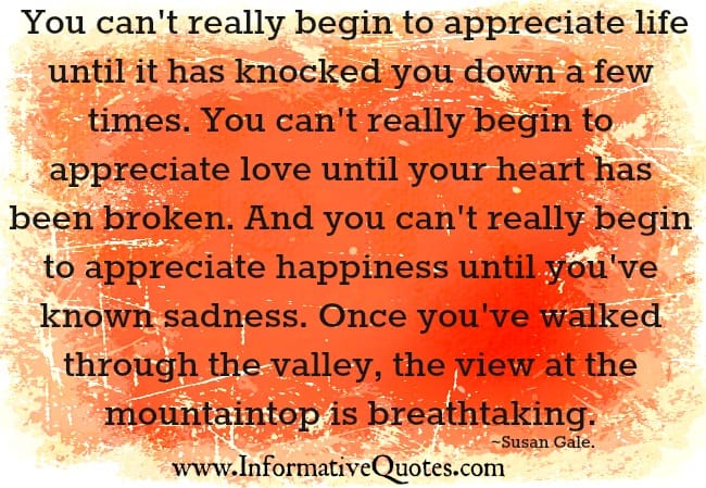 You can't really begin to appreciate love until your heart has been broken